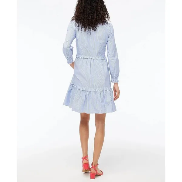 J. Crew Women's Size 12‎ Blue Striped Tiered Ruffle Long Sleeve Dress - Image 8
