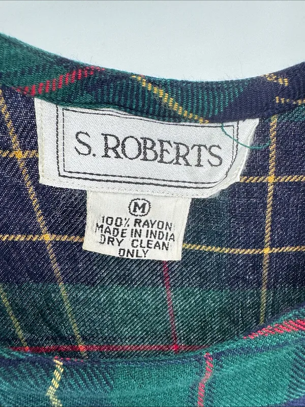 S.Roberts Green and Navy Plaid jumper Midi Dress drop pockets school girl vtg M - Image 6