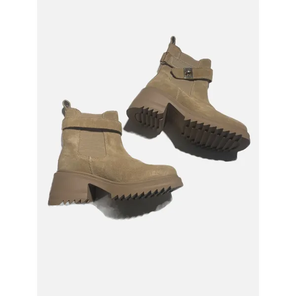 Steve Madden Suede Ankle Boots Womens 6.5 Tan Lug Sole Chunky Heel Turn-Lock Edg - Image 2