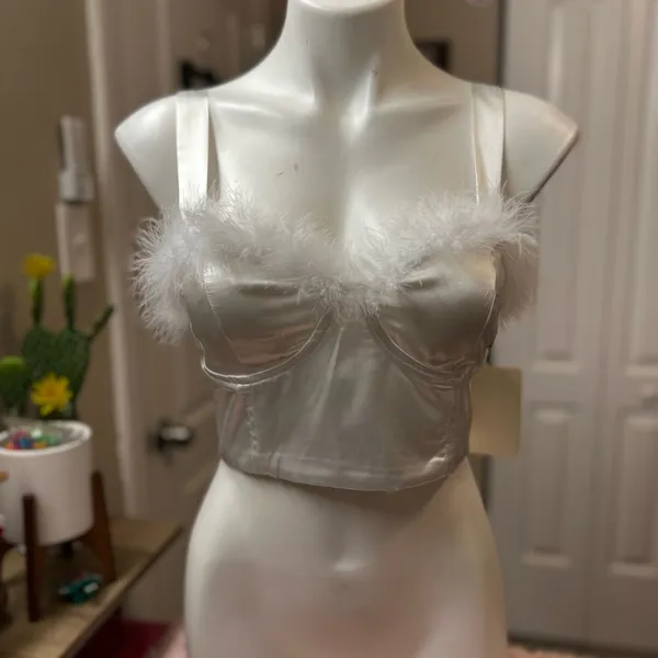 Meraki White Satin Feather Trim Crop Top Size S Bustier Corset Style Adjustable - Image 6