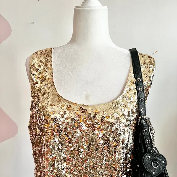 Gold Sequin Tank Top, Y2K, Clubwear, Indie Sleaze, Glam, 2000s, 3X‎ - Image 2