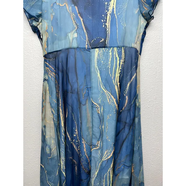 Women's Water Print Mesh Dress XL Wedding Guest Summer Party Cocktail Nautical - Image 11