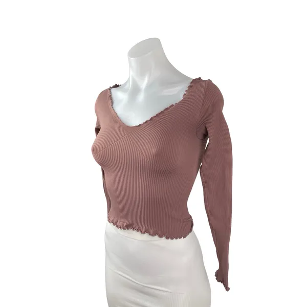 Free People FP Movement Nude Pink Lettuce Rib Knit Long Sleeve Crop Top Sz XS/S - Image 3