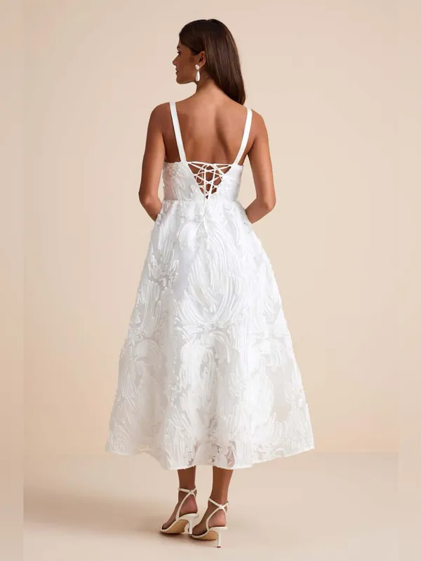 LULU’S Perkins White Textured Lace-Up Corset Midi Dress - Image 4