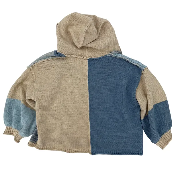 POL Blue Beige Patchwork Knit Hooded Button Cardigan Sweater Cozy Boho Size M - Image 14