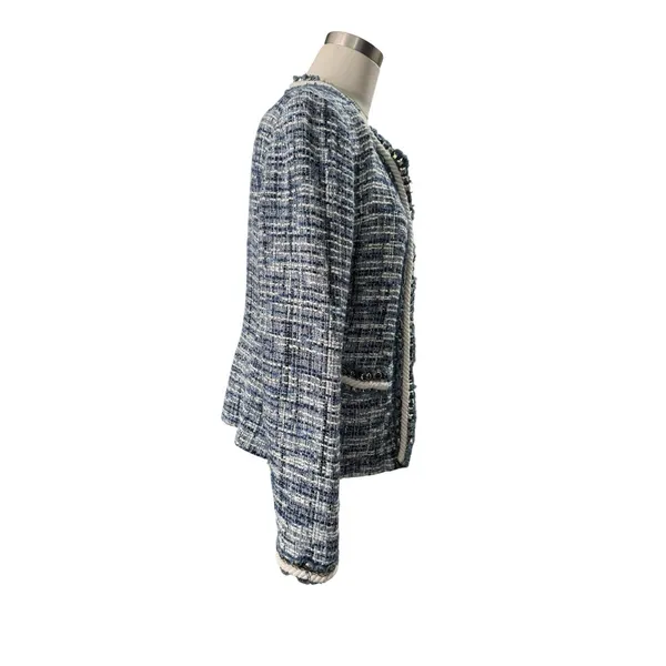 Boston Proper Blue Tweed Jacket Blazer Size 8 Bead Accents Rope Trim - Image 3
