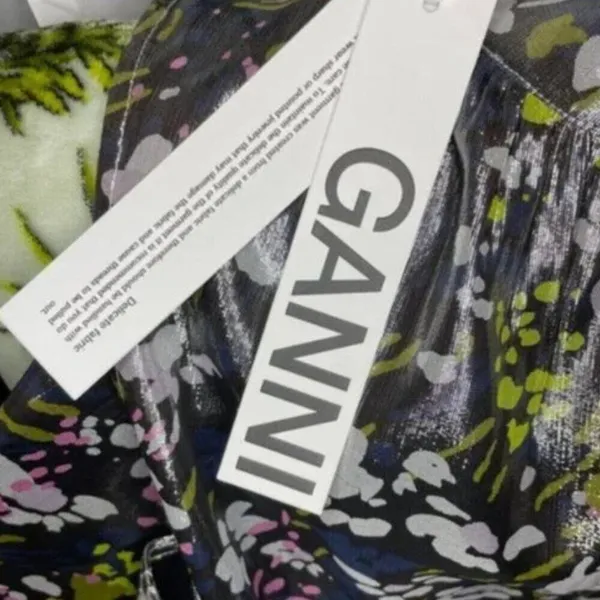 Ganni Floral print silk blend Metallic top Olive Green size 6 - Image 7
