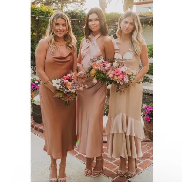 Show Me Your Mumu Jasmine‎ Halter Midi Dress rose gold luxe satin size xs formal - Image 11
