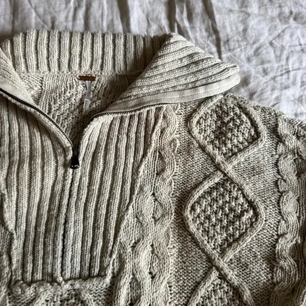 Free People Driftwood Cableknit Polo Sweater in Ivory Size Large - Image 8