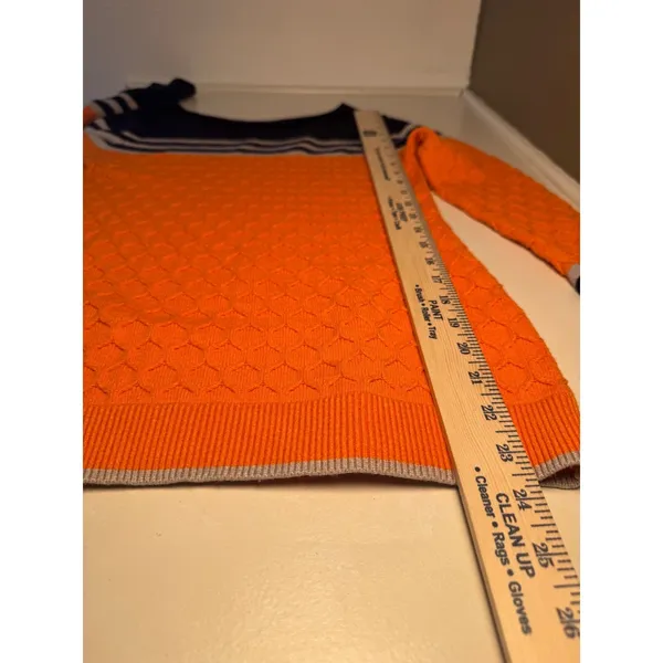 Orange Navy Blue Striped Honeycomb Knit Pullover Sweater‎ Women Crew Neck 0252 - Image 6