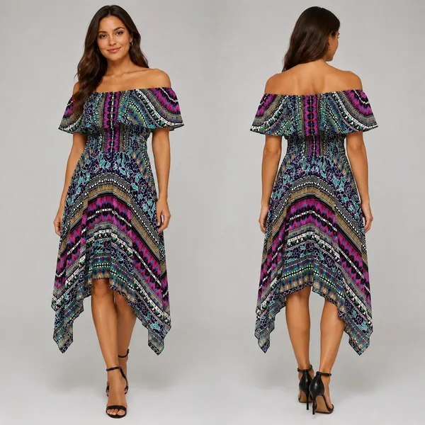 Rabbit Rabbit Designs‎ Handkerchief Hem Dress Womens 10 Multicolor Smocked Boho - Image 2