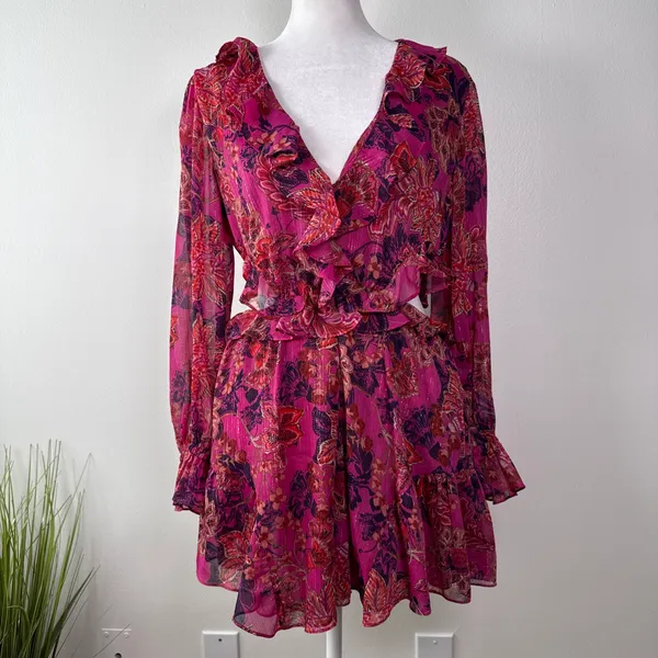 Misa Los Angeles azalea romper in Fuchsia size Small Floral Chiffon Ruffles - Image 3
