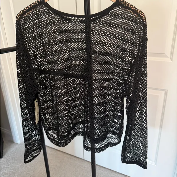 No Boundaries Black Crochet Mesh Long Sleeve Crop Top - Image 3