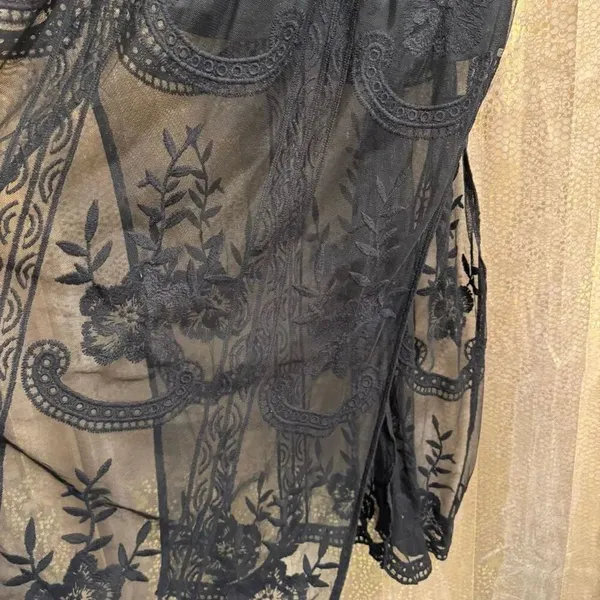 Black Lace Overlay Long Sleeve Floral Witchy Goth Boho Romantic Dress Medium - Image 5