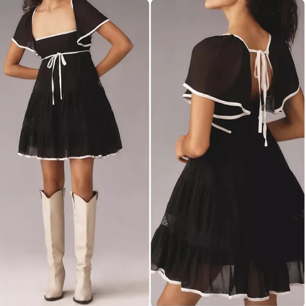 Anthropologie‎ Maeve XS Flutter Sleeve Bow Babydoll Dress Black White Whimsigoth - Image 2