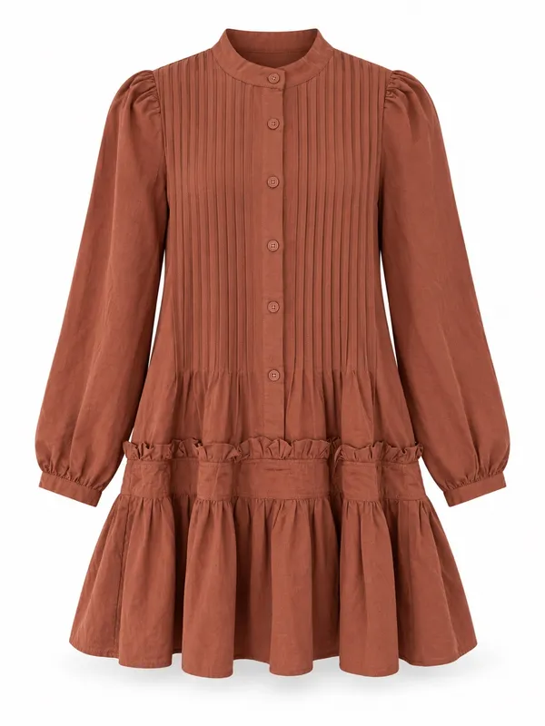 TCEC Brown Pintuck Button Front Tiered Mini Dress Women’s Small - Image 2