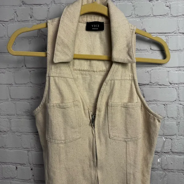 Vici neutral beige safari zip up sleeveless mini dress medium bodycon retro chic - Image 3