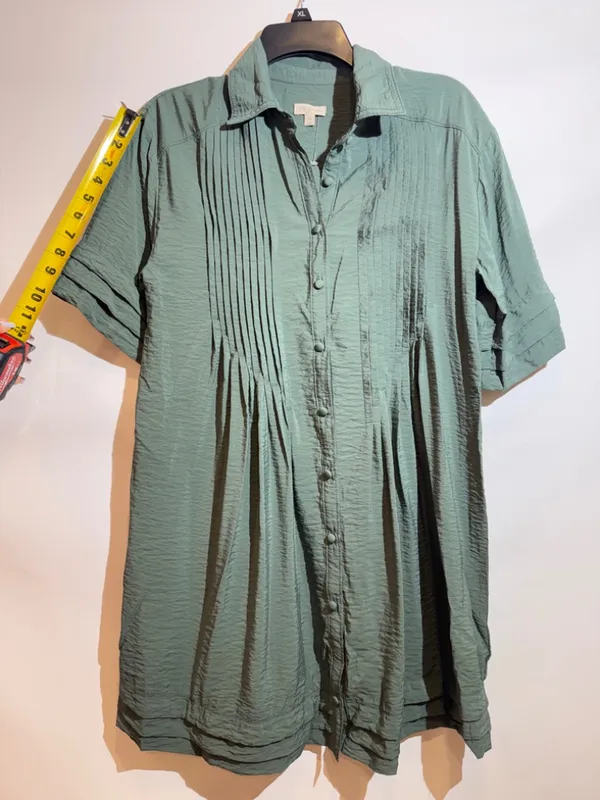 Anthro Pilcro Green Pintuck Button Front Short Sleeve Tunic Shirt Dress Size XS - Image 5