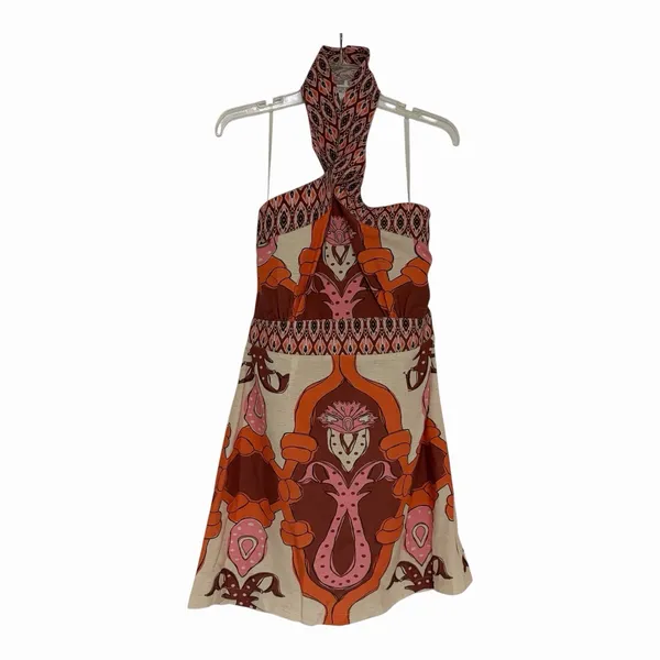 Soul of Mu Halter Mini Dress Beige Salmon Geometric Floral Linen Blend Large NEW - Image 3