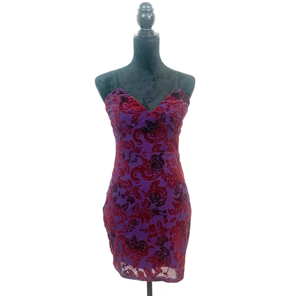 Privy Women's M Purple Red Flocked Velvet Floral Damask Mesh Bodycon‎ Mini Dress - Image 3