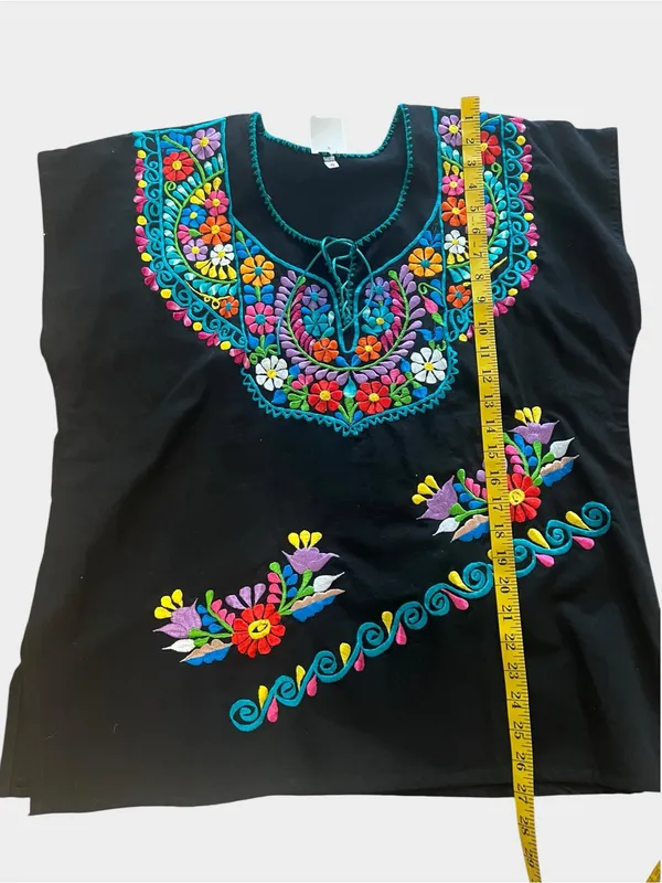 Mexican Embroidered Floral Black Huipil Blouse Folk Art Top Large - Image 6