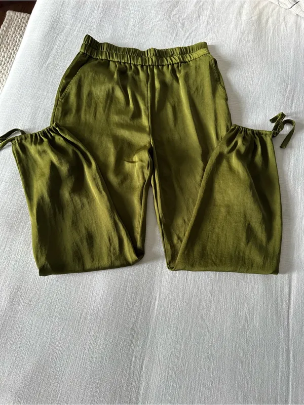 Open Edit Tie Detail Satin Cargo Pants Olive Green - small - Image 6