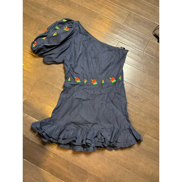 Fanm Mon Flame Mini‎ Linen One Sleeve Ruffle Hem Floral Embroidery Dress Size L - Image 2