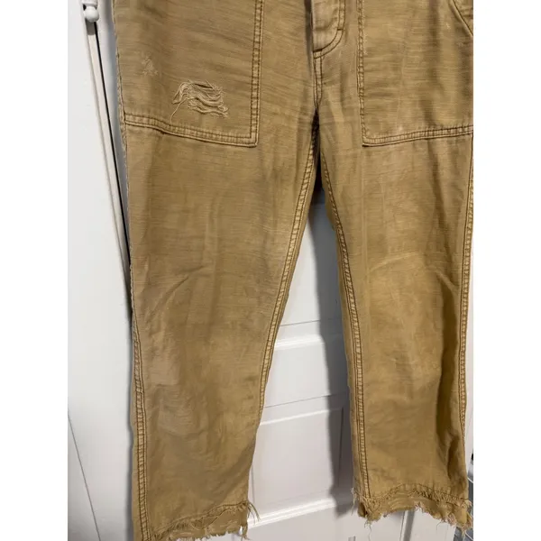 Free People Tan Distressed Utility Pants Frayed Hem Canvas Straight Leg Size 28 - Image 12