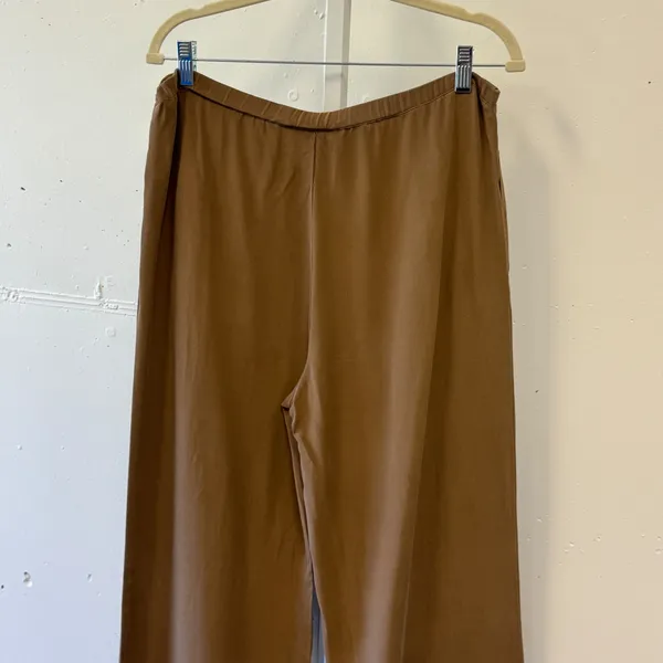 Vintage Soft Surroundings Brown 100% Silk Wide Leg Pants Pintuck Hem Size Large - Image 5