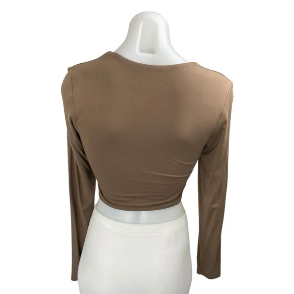 KN Klassy Network Women's Tan Knit Long Sleeve Square Neck Crop Top Size M - Image 2