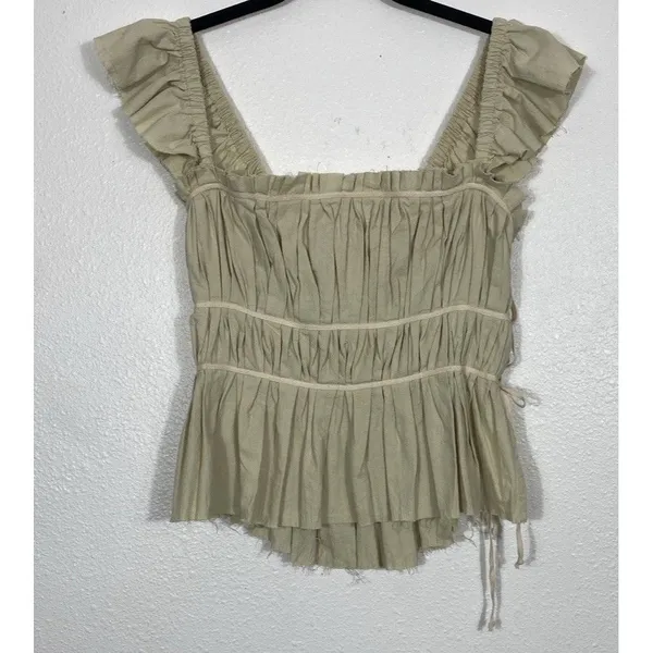 Free People Beige Ruffle Sleeve Drawstring Cropped Blouse Cotton Size S - Image 3