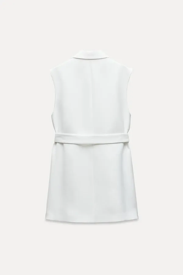 white vest double breasted sleeveless blazer jacket with waist tie - Image 7