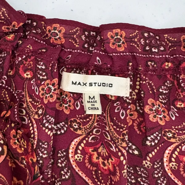 Max Studio Burgundy Tiered Shift‎ Floral Print Smocked Paisley Dress Medium EUC - Image 7