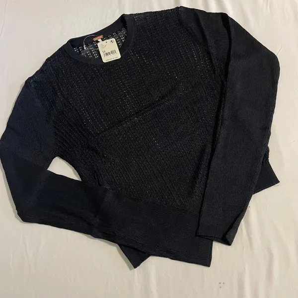 Free People H2O Crew Pullover M Black Sheer Open Knit Mesh Sweater NWT - Image 5