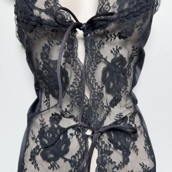 American Vintage VTG 60s Jenelle of California Women Black Lace Cami Top Sheer Tie Front Floral - Image 5