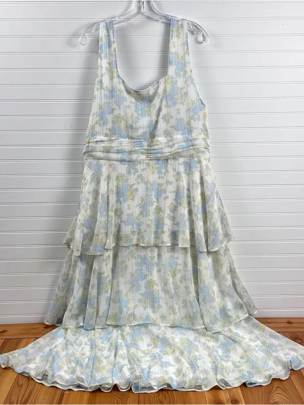 NWT Arula Eliana Tiered Floral Midi Dress Plus Size 1X Ivory Blue Tiered Shimmer - Image 6