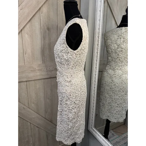 Connected Apparel Vintage Sequined White Lace Faux-Wrap Cocktail Dress - Small - Image 6