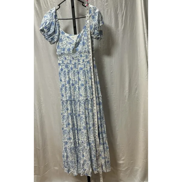 Altar'd State Floral Tiered Maxi Dress XXS Blue White Puff Sleeve Smocked NWT - Image 3