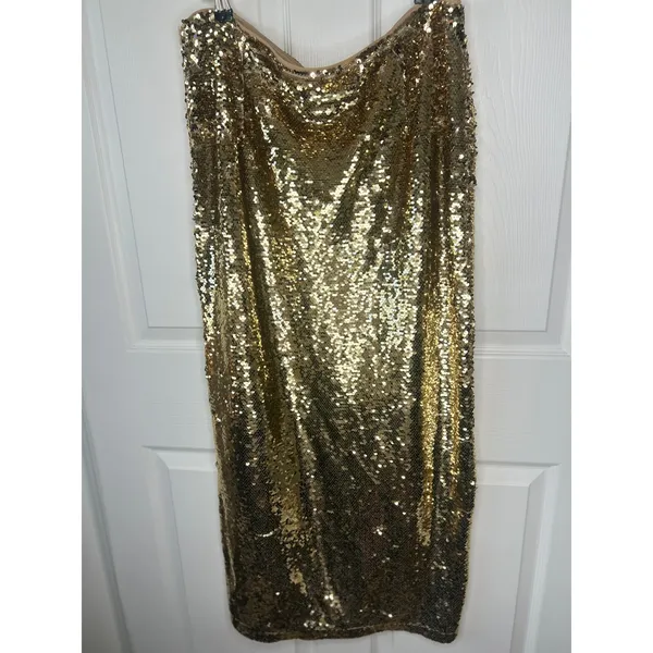 GB Skirt Sequin Pencil Midi XL Gold Side Slit Holiday Party - Image 4