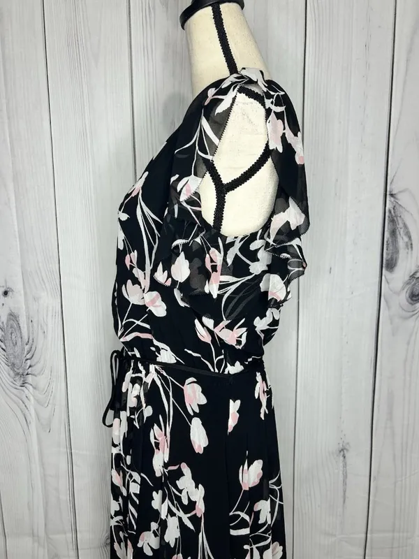 White House | Black Market Sz 8 Chiffon Black Garden Floral Elastic Waist Midi Dress Keyhole Neckline - Image 6
