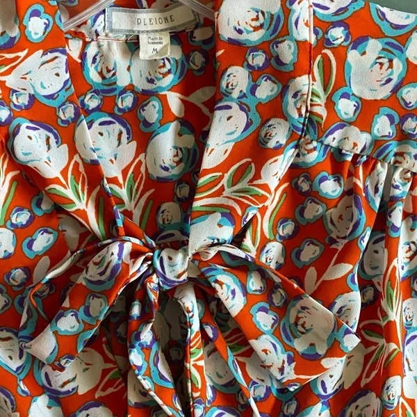 Pleione Womens Sleeveless Tie Neck Floral Blouse Orange Blue White WQZ58232RK M‎ - Image 5