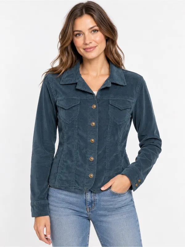 Live a Little Women’s Small Teal Corduroy Jacket Button Front Fitted Stretch - Image 8