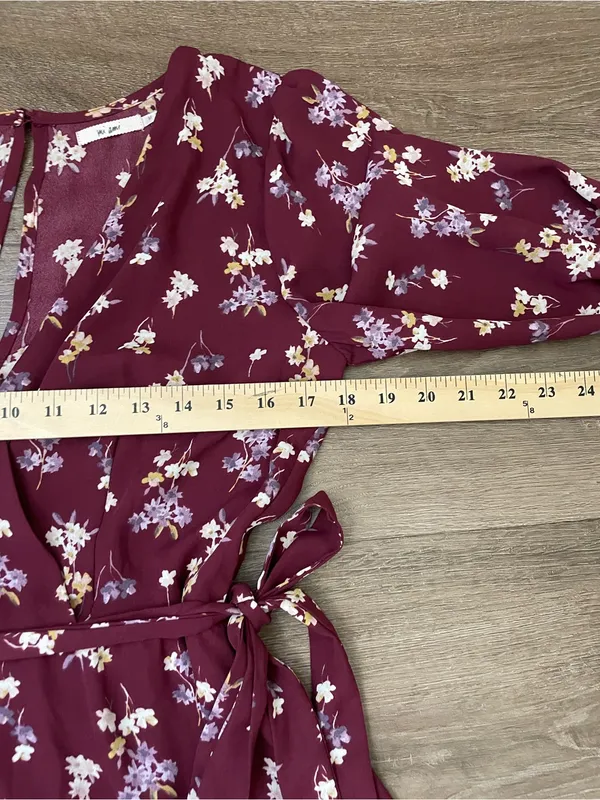 Mi Ami Long Sleeve Floral Mini Dress Size M Maroon Surplice Tie Waist Boho Chic - Image 14