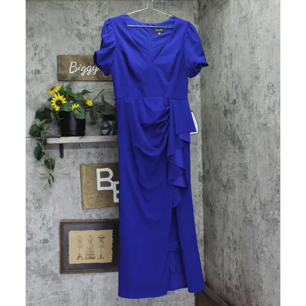 NWT Xscape Scuba Crepe V Neck Ruffled Puff Sleeve Dress Gown Marine Blue 14P - Image 4