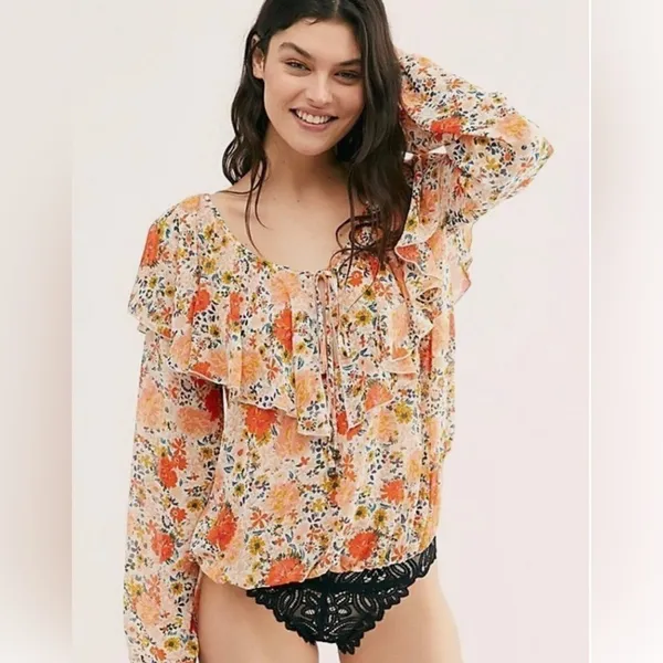 Free People Ivory And Coral Say It To Me Floral Body Suit - Image 7