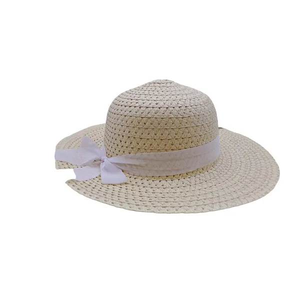 Tan Wide Floppy Brim Beach Garden Paper Straw Hat White Removable Bow Womens OSF - Image 2