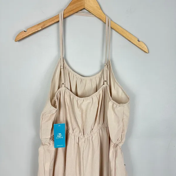 Cupshe Neutral Tie Waist Wide-leg Jumpsuit Beige Semi-sheer Size Large NWT - Image 9
