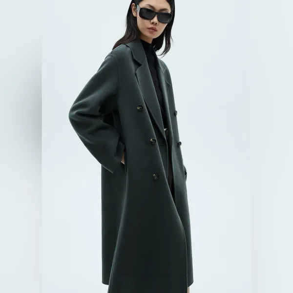 Mango wool coat oversized charcoal long handmade lapel vneck collar pockets - Image 4