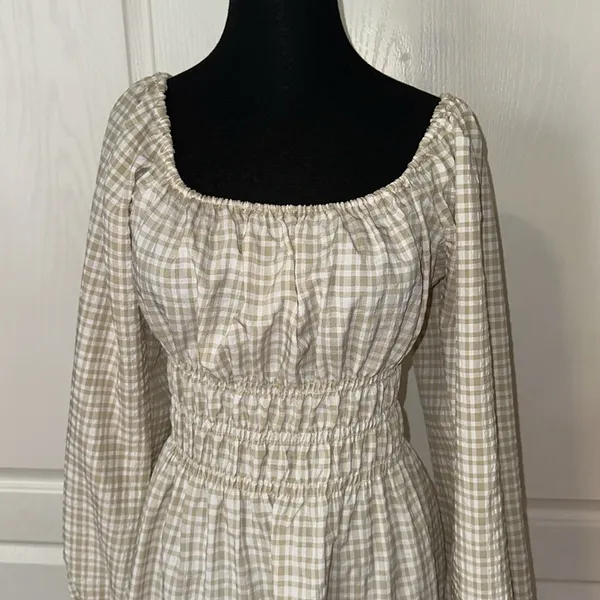 Leyden Cream Tan Gingham Ruched Detail Balloon Sleeve Western Dress - Image 4