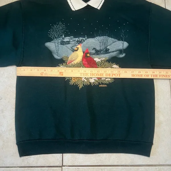 VTG 90s Morning Sun Cardinal Winter Scene Collared Sweatshirt Womens M Green - Image 6